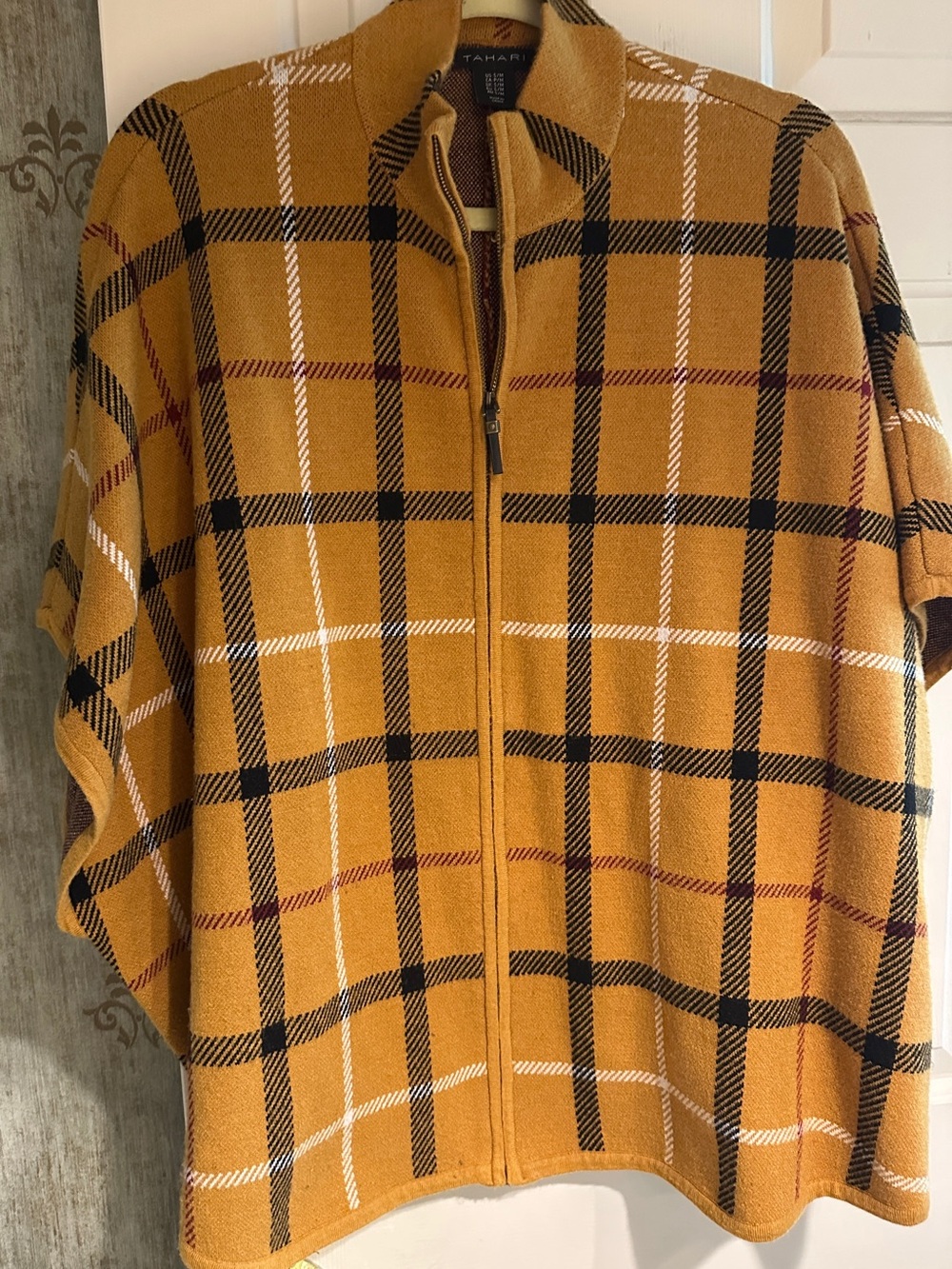 Mustard gold, black, cream and burgundy poncho.